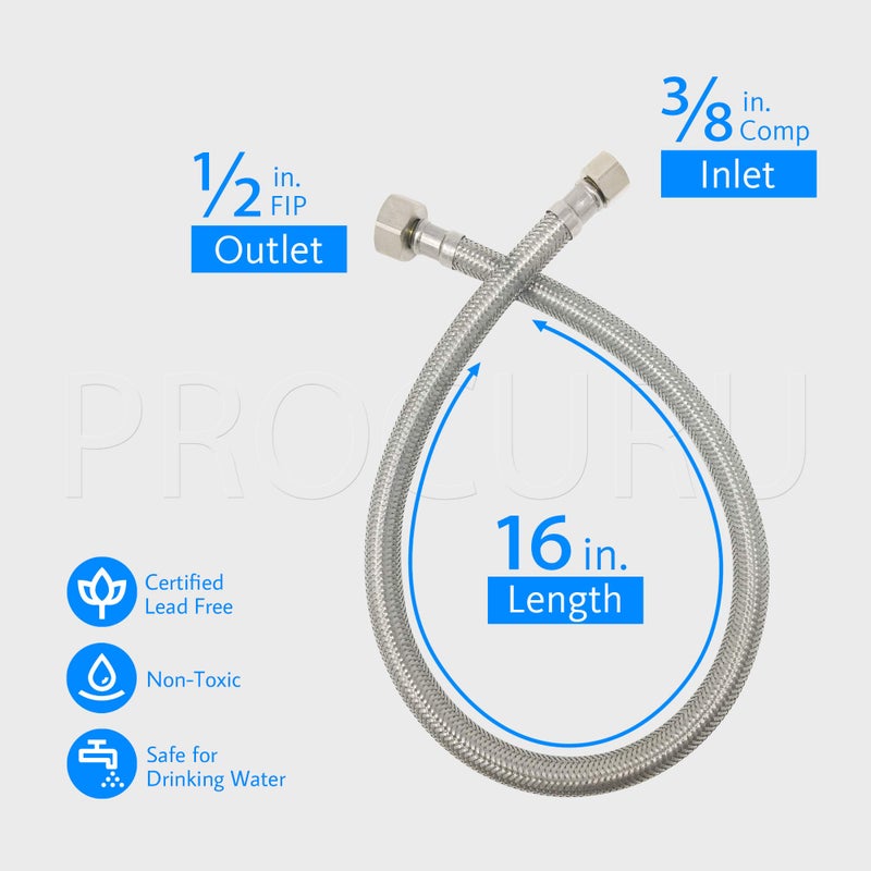 PROCURU [4-Pack] PROCURU 16-Inch (1.3Ft) x 3/8" Comp x 1/2" FIP Faucet Hose Connector, Stainless Steel Braided Supply Line, Certified Safe (9SF16-4P) - Image 2